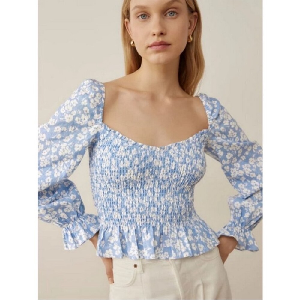 Reformation Cambria Linen Smocked Top in Sofie Blue Floral